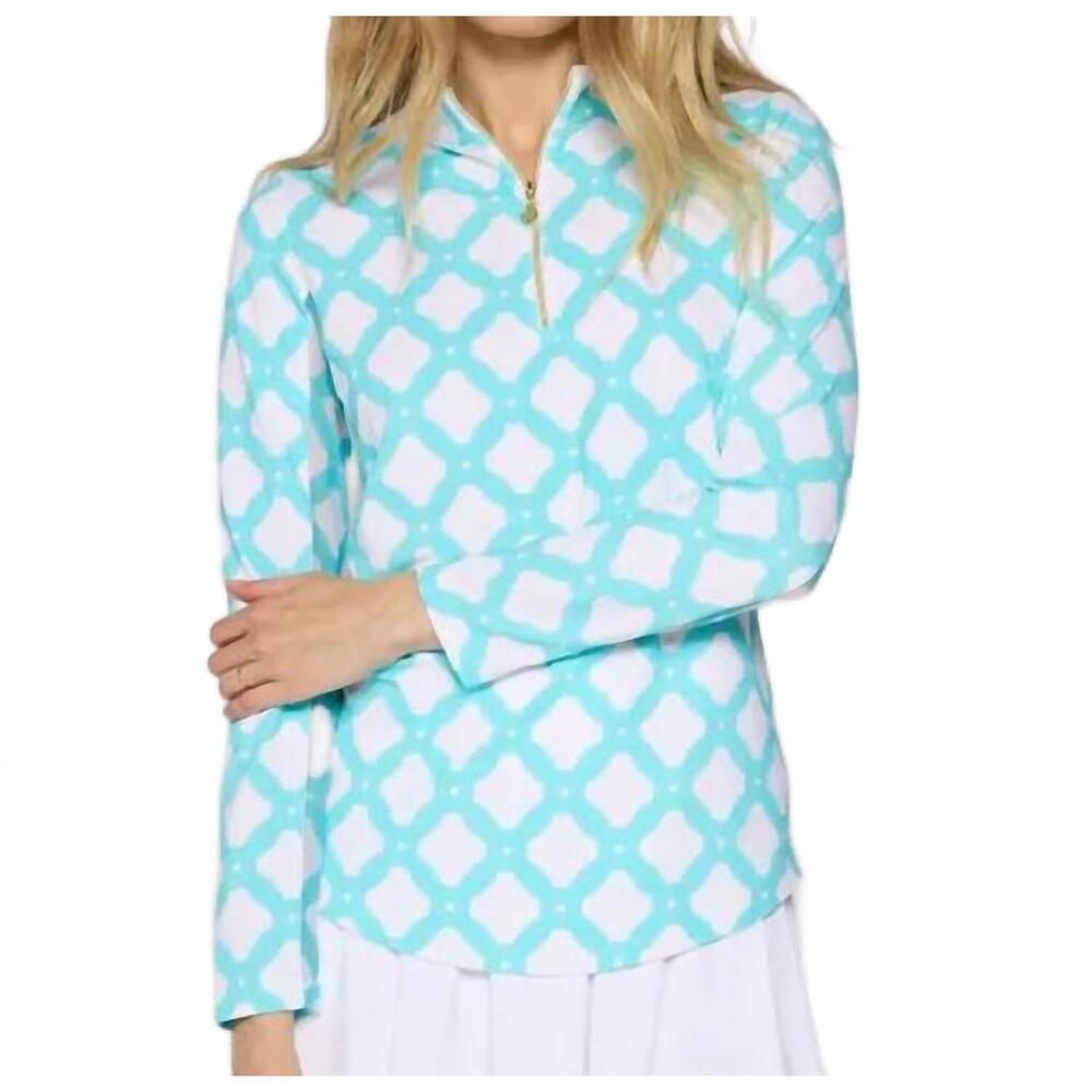 NEW G LIFESTYLE quarter-zip mock neck top in circle geo turquoise